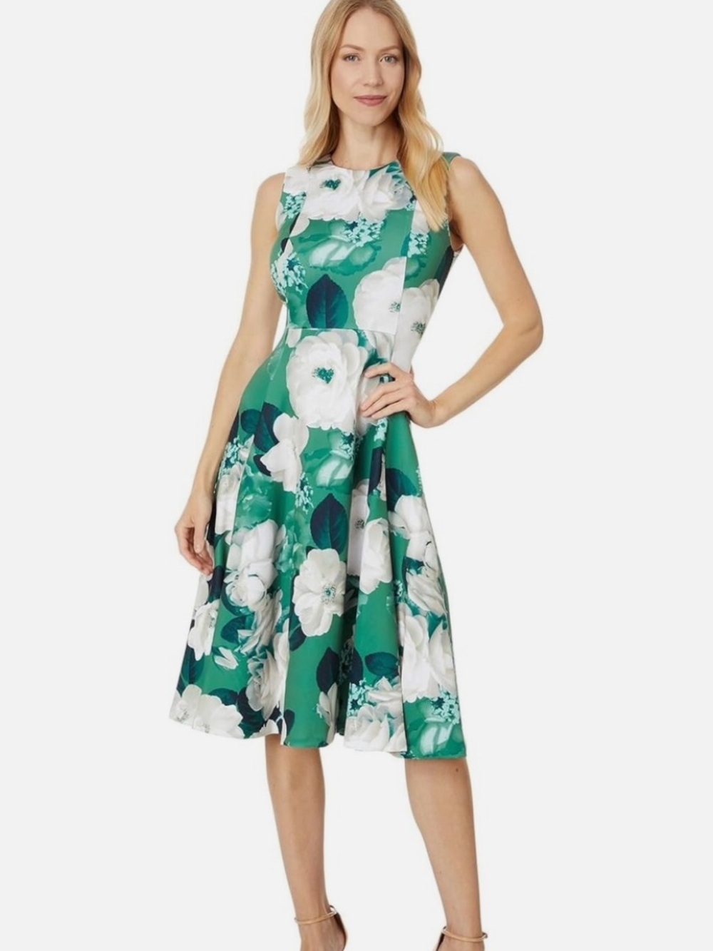 Calvin Klein Green and White Floral Midi Dress